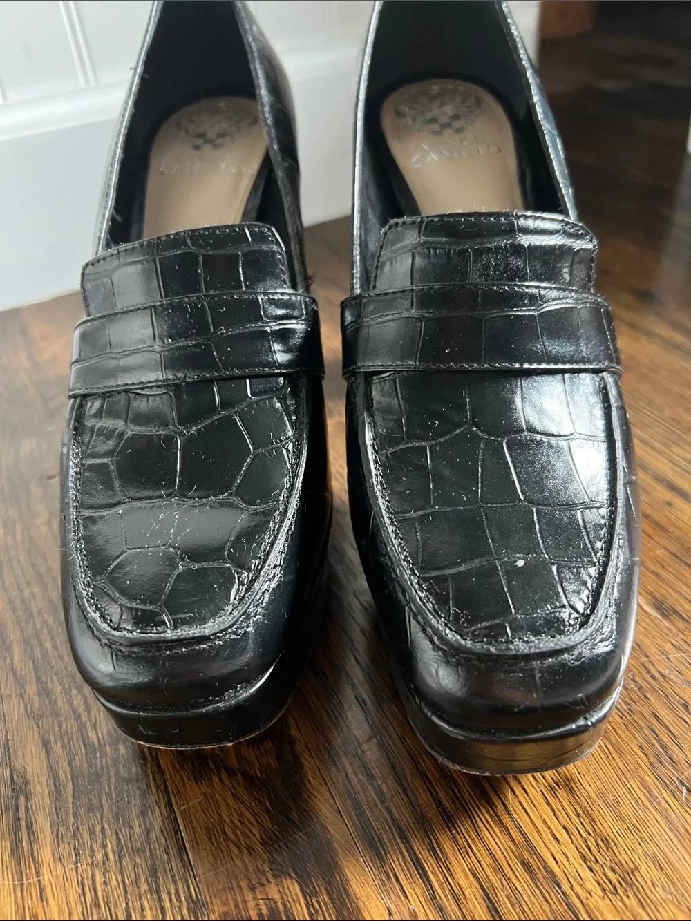 Vince Camuto Black Croc-Embossed Platform Loafers